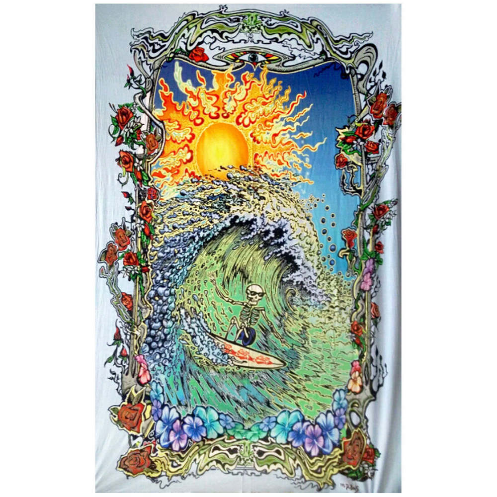 Surfing Skeleton Heady Art Print Tapestry by Sunshine Joy